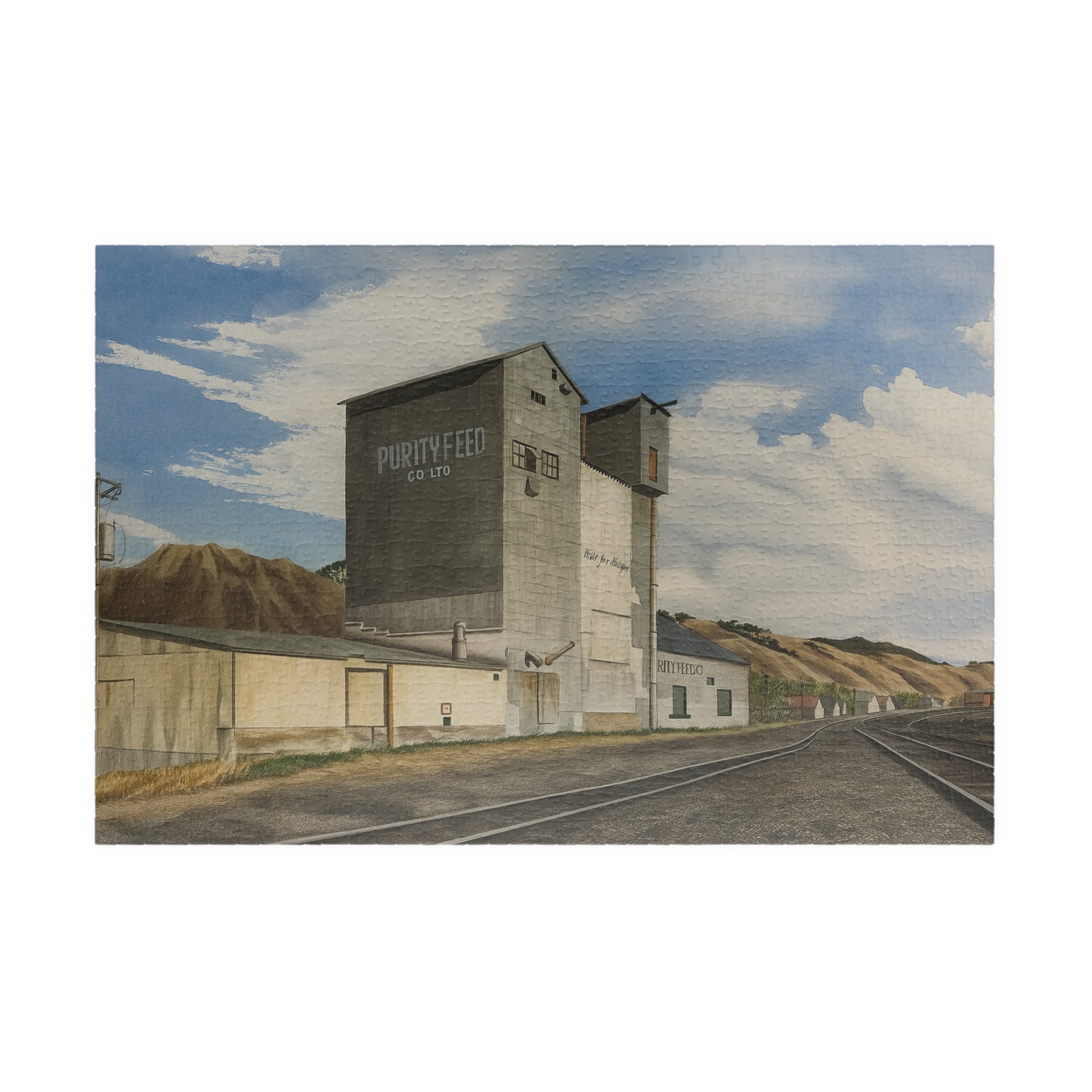 Prairie Grain Elevator Jigsaw Puzzle — Vintage Rural Train Station Scene (110–1014 pcs)